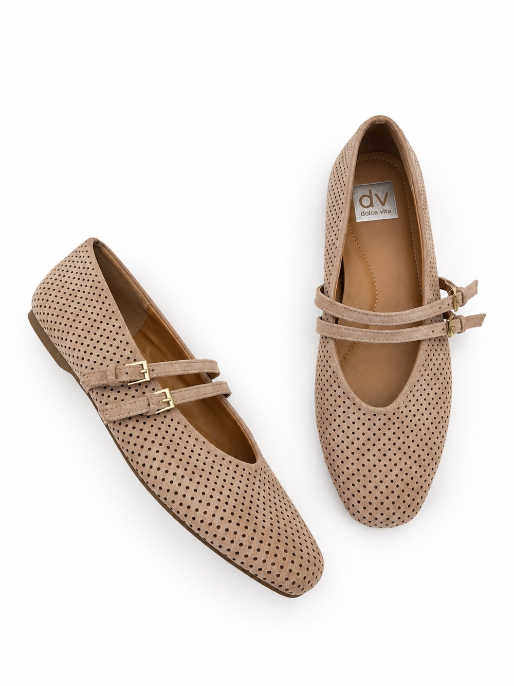 Dolce Vita Taupe Faux Suede Perforated Mary Jane Flats Double Strap Size 9